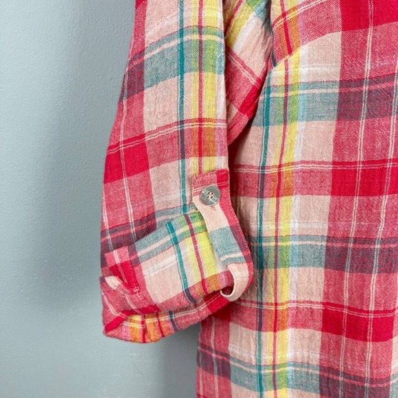 Soft Surroundings Shirt Top Womens‎ Small Pink Plaid 100% Linen Roll Tab Sleeve - Picture 4 of 7
